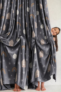 Grey night sky star kids curtains styled with neutral decor