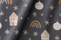 Grey night sky star kids curtains framing a tall window