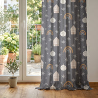 Grey night sky star kids curtain at glass patio doors