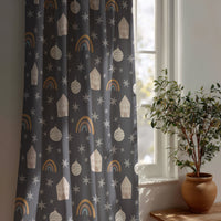 Grey night sky star kids curtain beside a potted olive tree