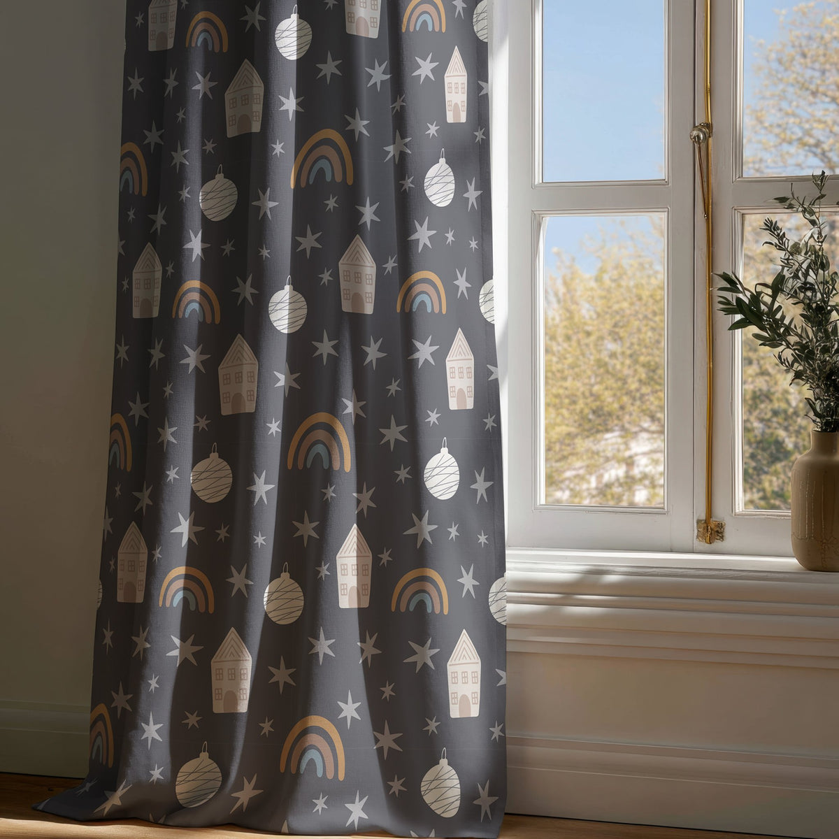 Full-length grey night sky star kids curtain draping to a wooden floor