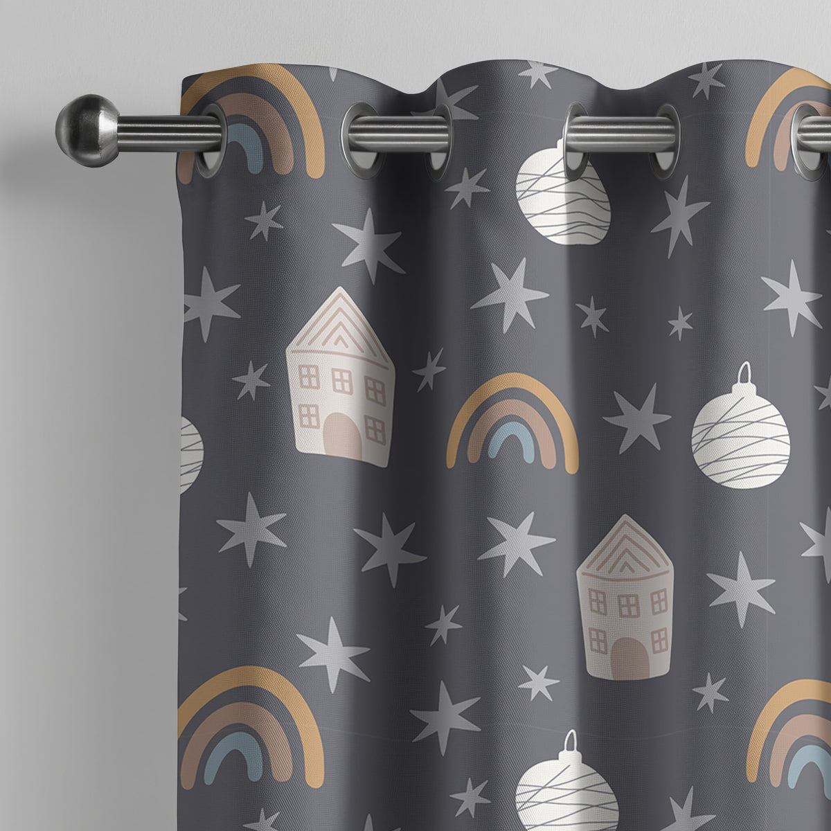 Grey night sky star kids curtain on a grommet rod, close-up of the print