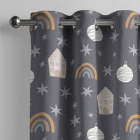 Grey night sky star kids curtain on a grommet rod, close-up of the print