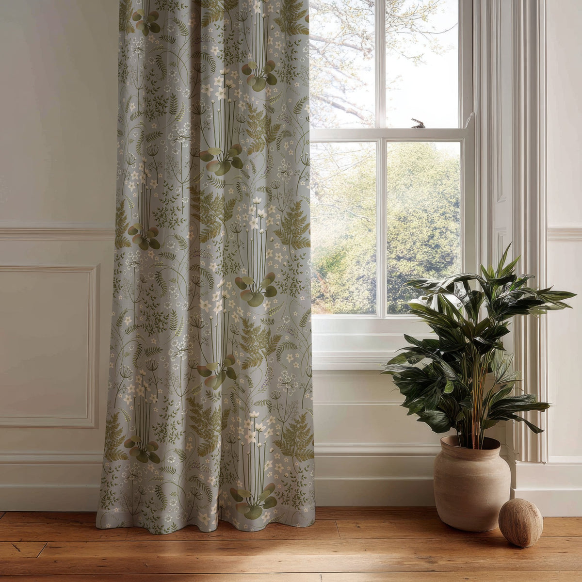 Grey sage botanical floral curtain panel hanging by a white window