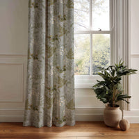 Grey sage botanical floral curtain panel hanging by a white window