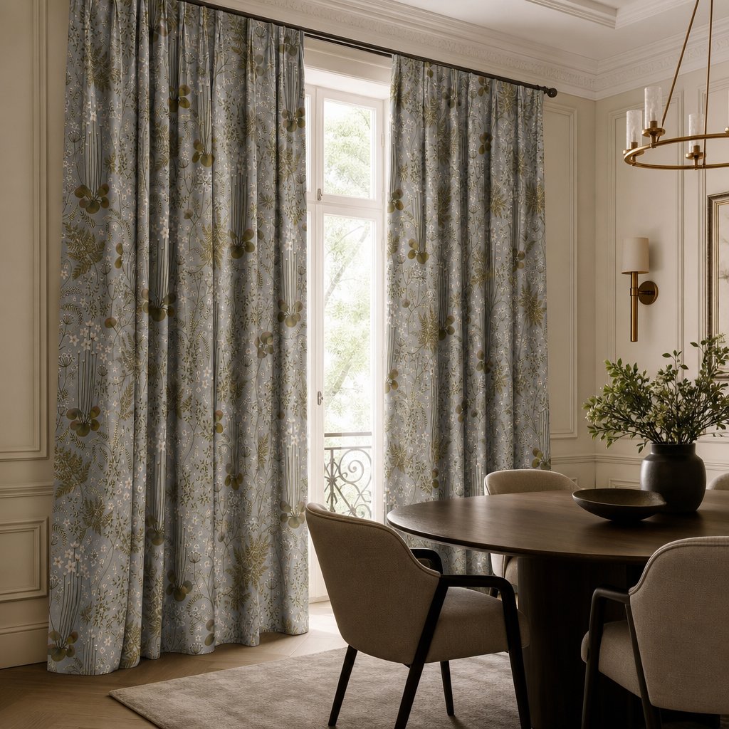 Grey sage botanical floral curtains in a living room