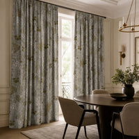 Grey sage botanical floral curtains in a living room