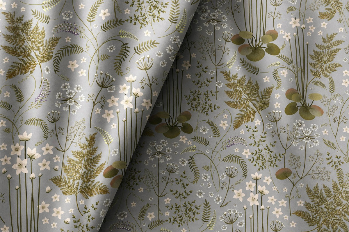Grey sage botanical floral curtains styled with neutral decor