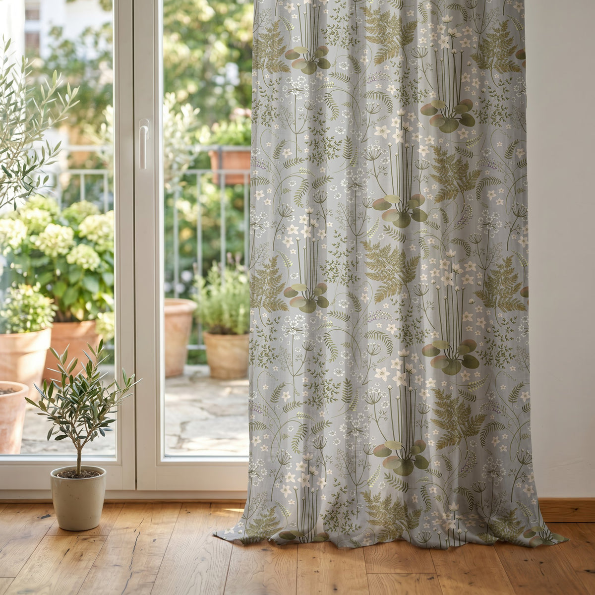 Grey sage botanical floral curtain at glass patio doors