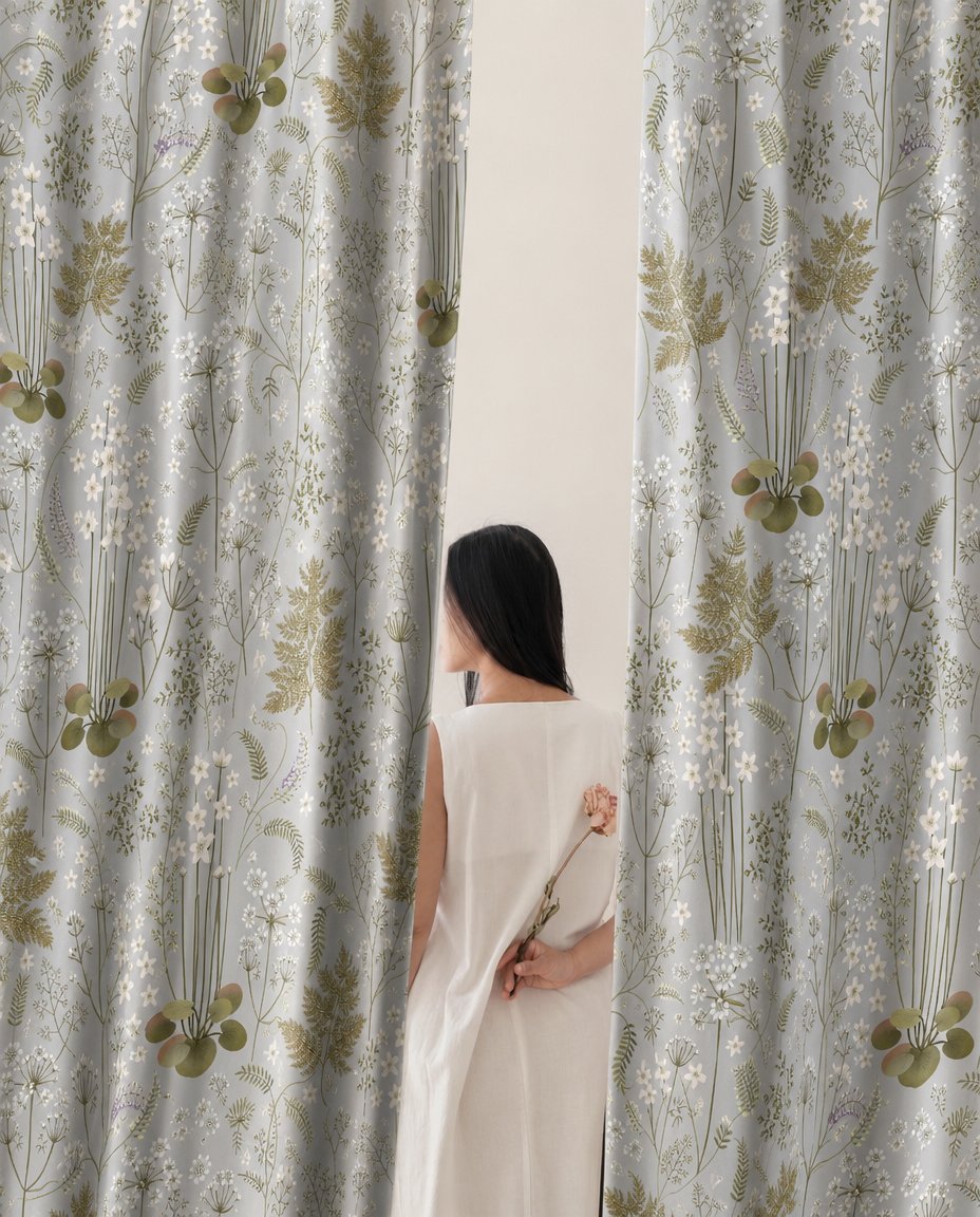 Woman standing between two grey sage botanical floral curtain panels