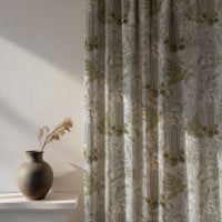 Soft daylight through a grey sage botanical floral curtain