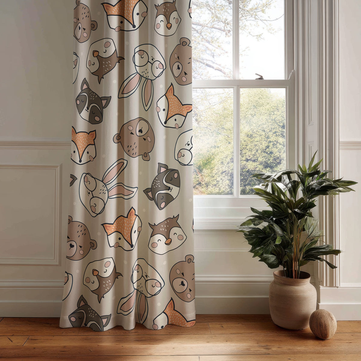 Grey woodland animal kids curtain panel hanging by a white window