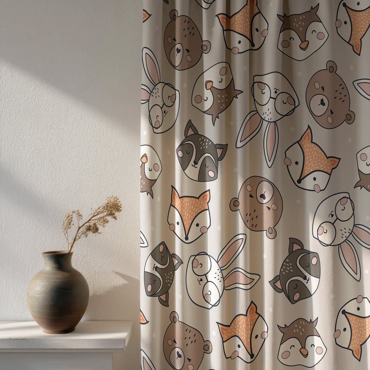 Soft daylight through a grey woodland animal kids curtain