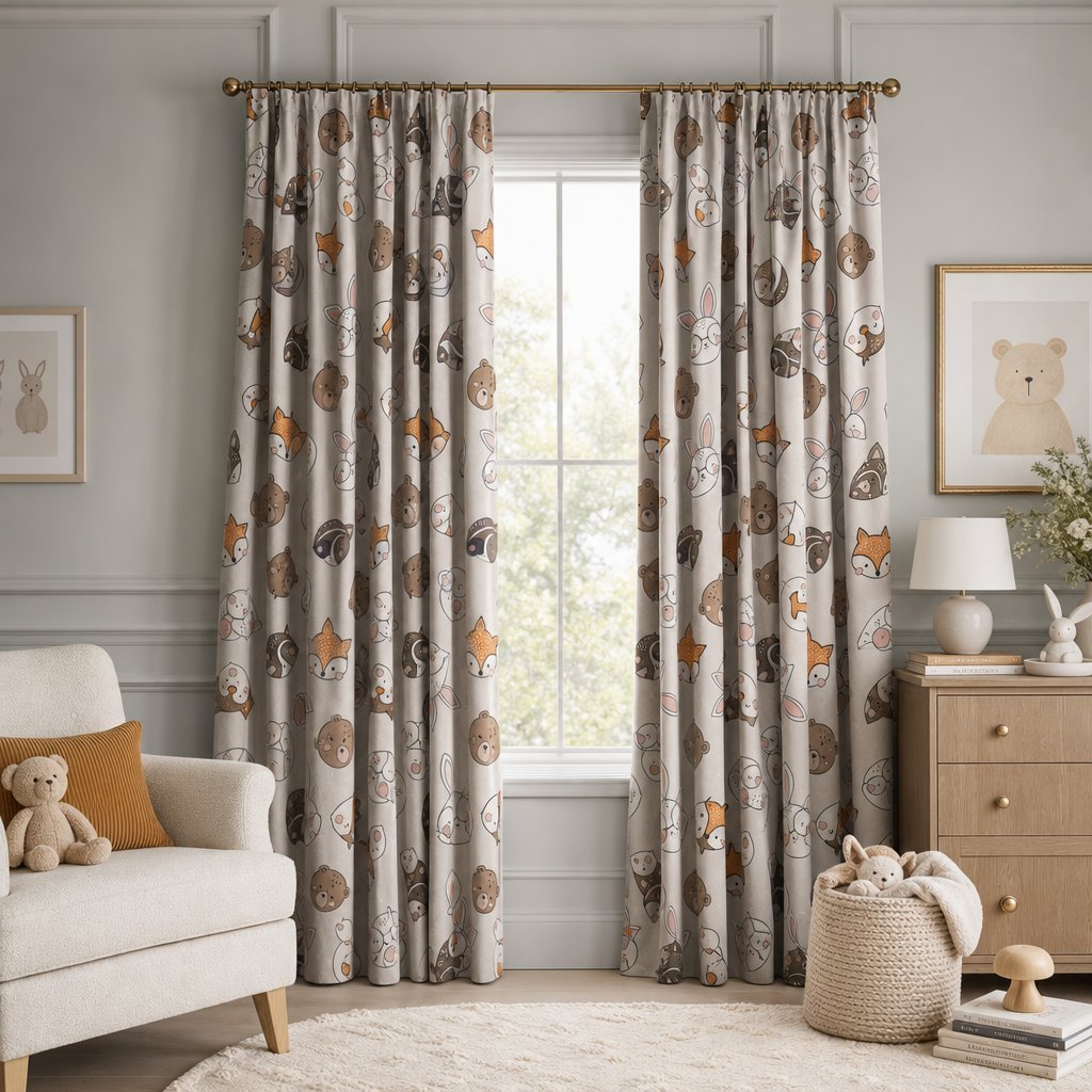 Grey woodland animal kids curtains in a child's bedroom