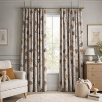Grey woodland animal kids curtains in a child's bedroom
