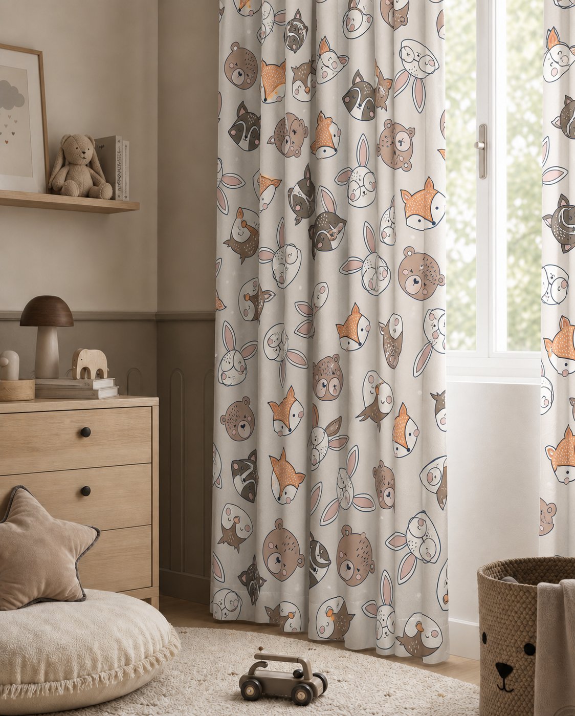 Grey woodland animal kids curtains styled with neutral decor