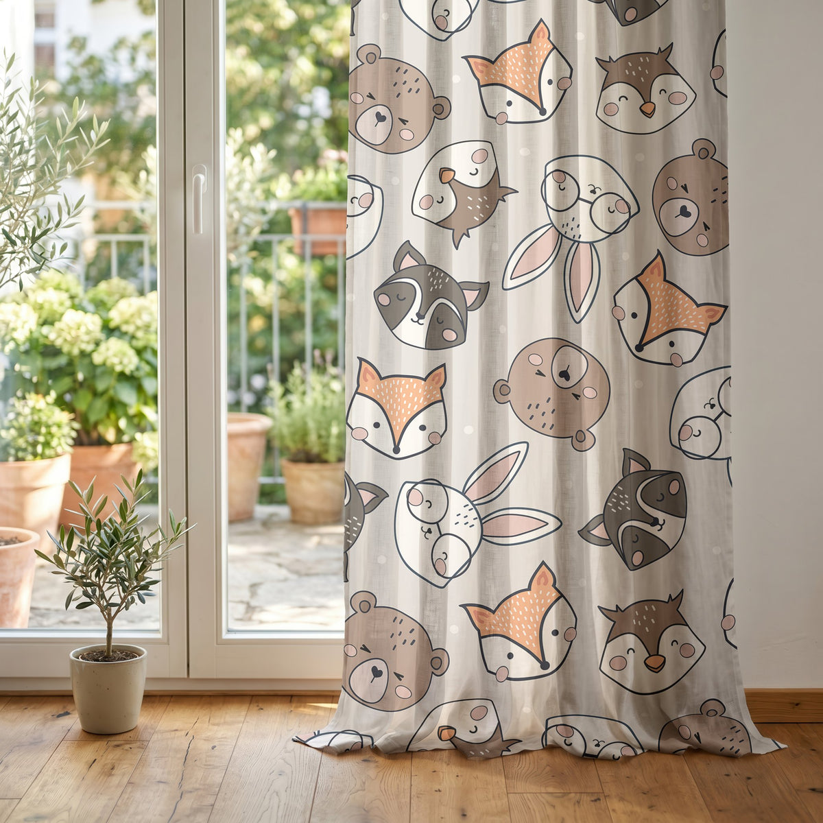 Grey woodland animal kids curtain at glass patio doors
