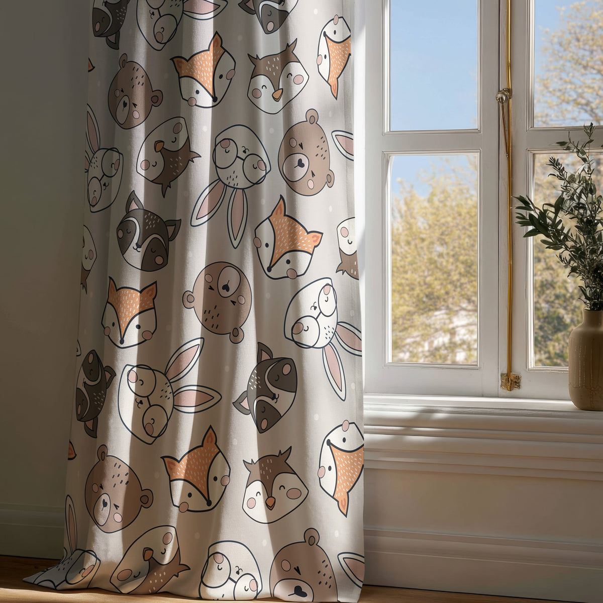 Full-length grey woodland animal kids curtain draping to a wooden floor