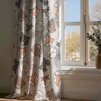Full-length grey woodland animal kids curtain draping to a wooden floor