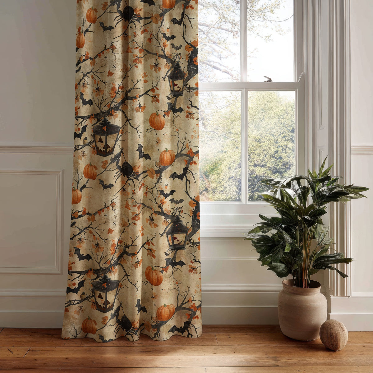 Halloween haunted tree curtain panel hanging by a white window