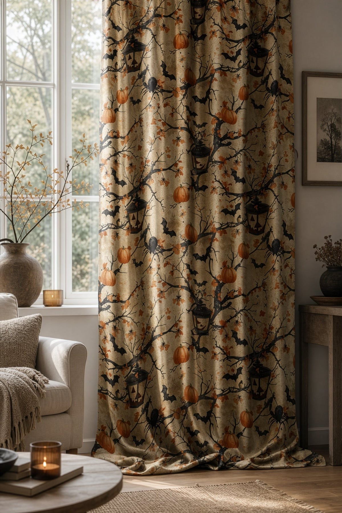Halloween haunted tree curtains in a living room