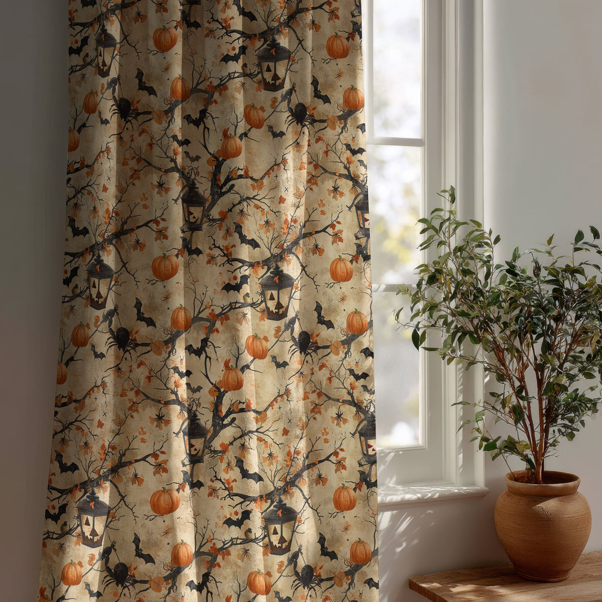 Halloween haunted tree curtain beside a potted olive tree