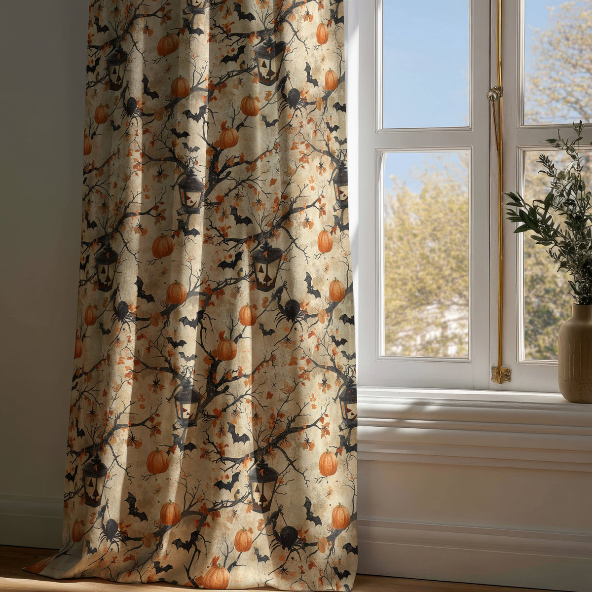 Full-length halloween haunted tree curtain draping to a wooden floor