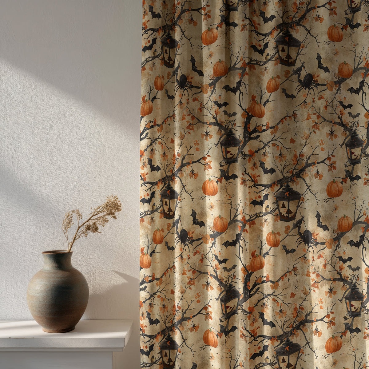 Soft daylight through a halloween haunted tree curtain