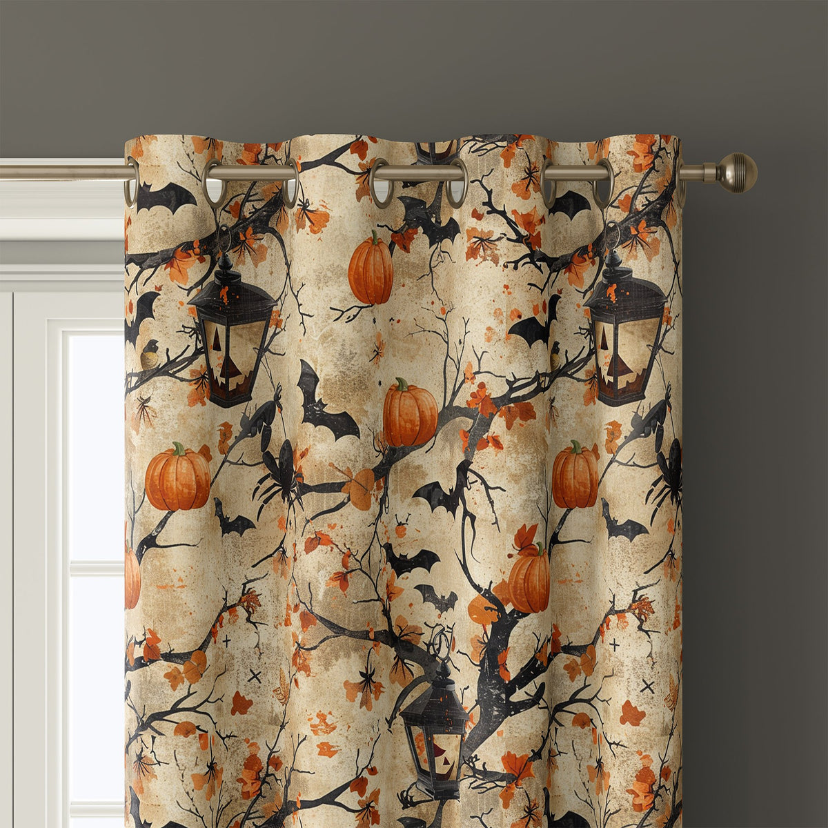 Close-up of halloween haunted tree curtain grommets on a black rod