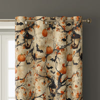 Close-up of halloween haunted tree curtain grommets on a black rod