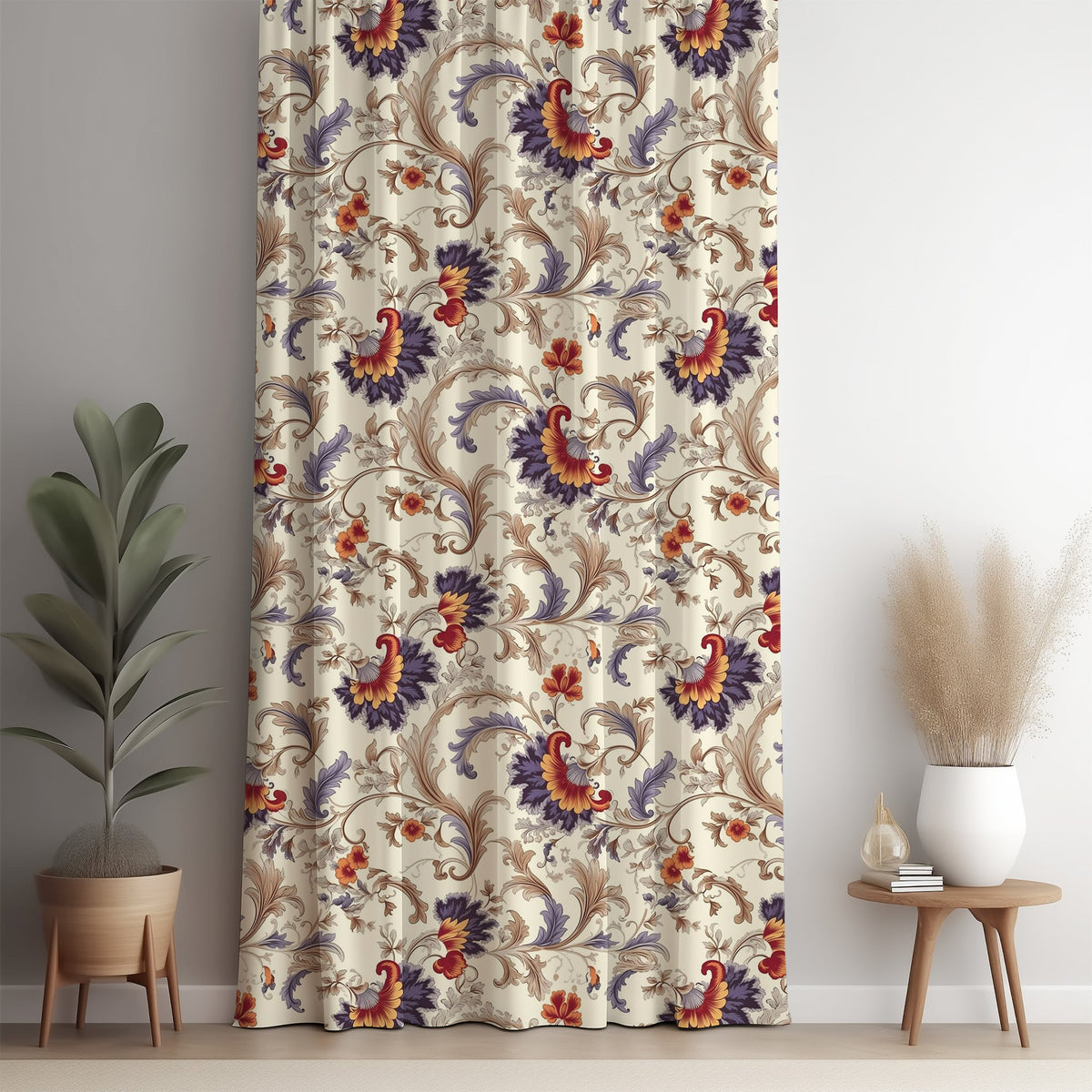 Jacobean floral curtain panel against a white wall