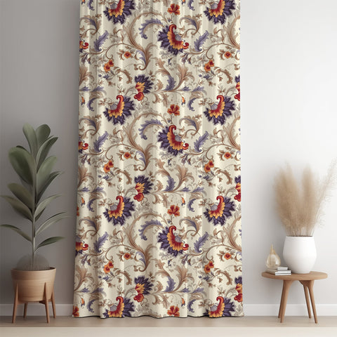 Jacobean floral curtain panel against a white wall