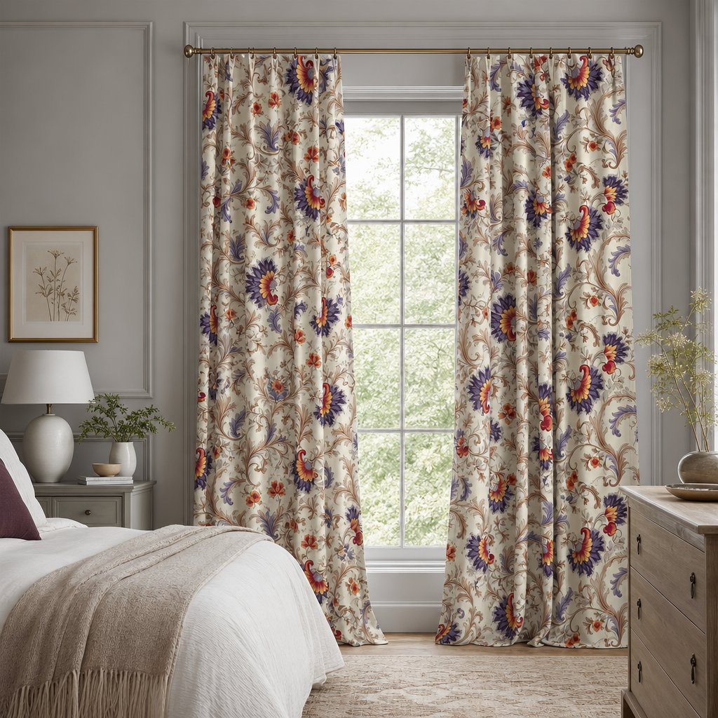 Jacobean floral curtains in a bedroom