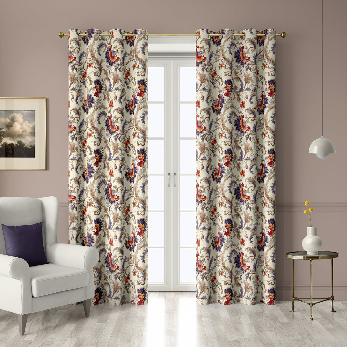 Pair of jacobean floral grommet curtains at French doors