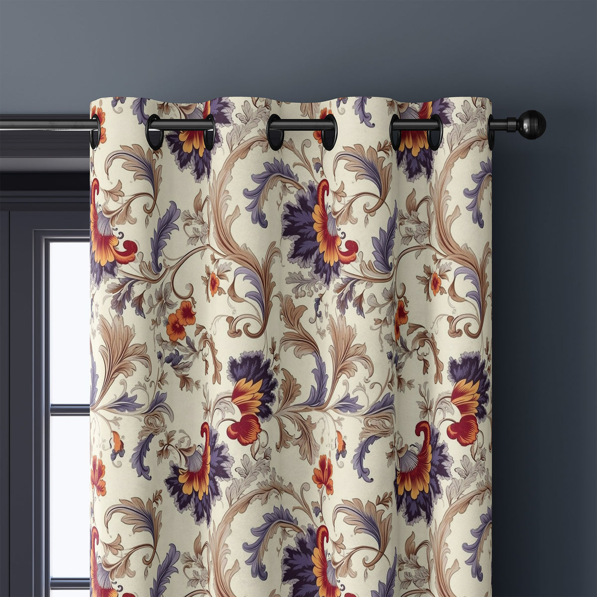 Close-up of jacobean floral curtain grommets on a black rod