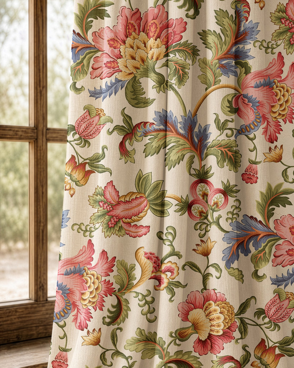 Pair of jacobean floral curtains at an arched window