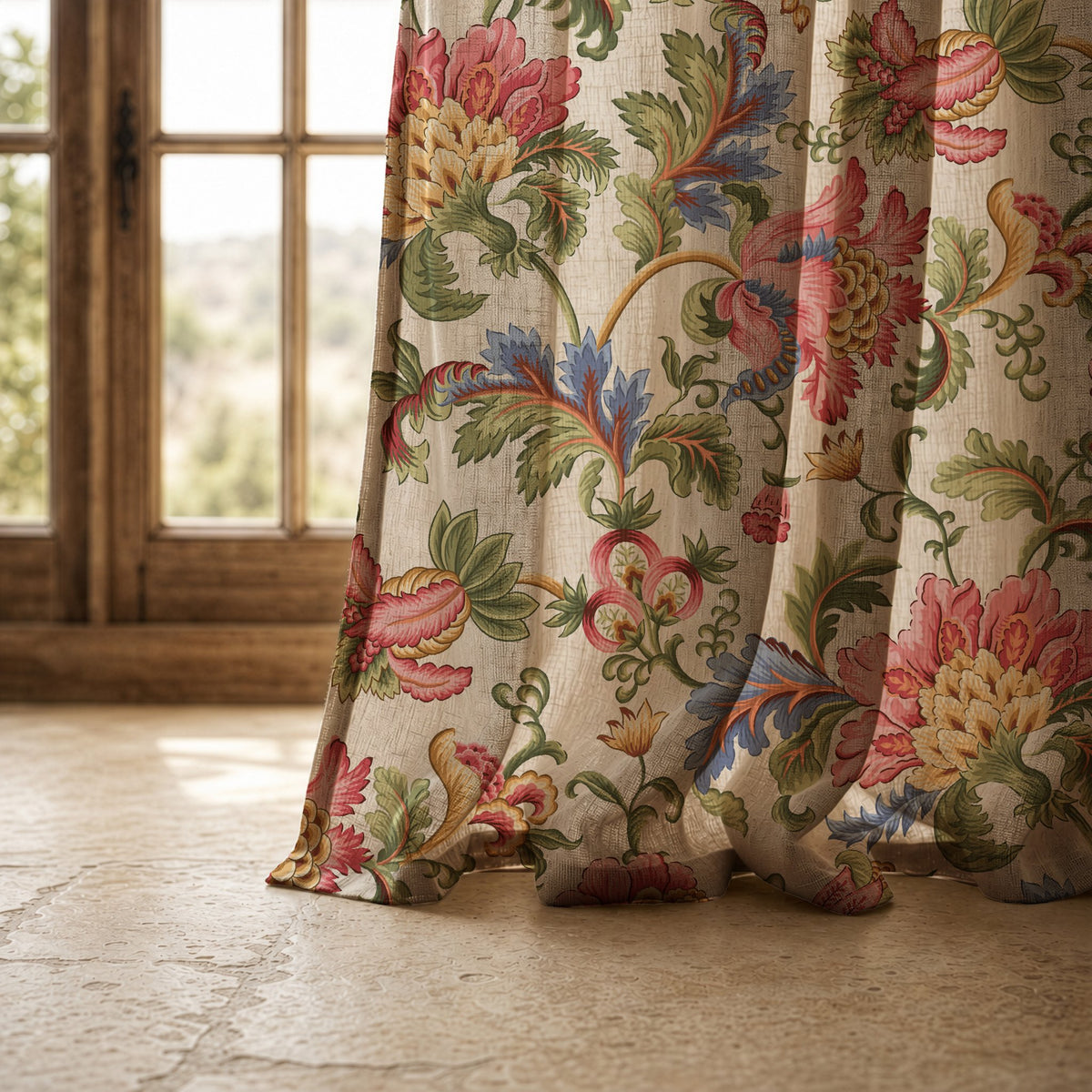 Hem of a jacobean floral curtain resting on a stone floor