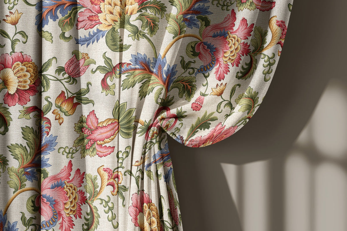 Jacobean floral curtain gathered to one side
