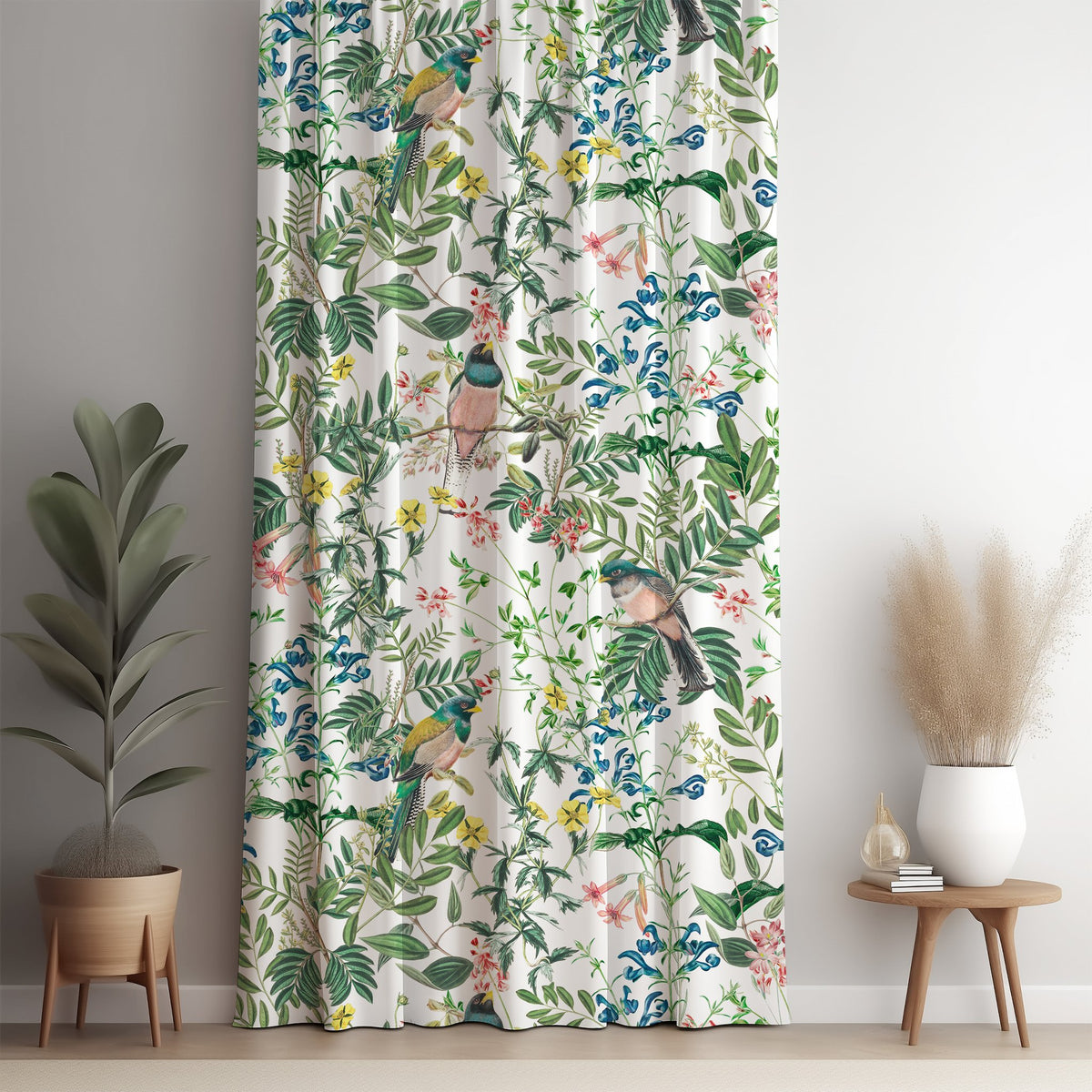 Jungle botanical floral curtain panel against a white wall
