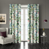 Pair of jungle botanical floral grommet curtains at French doors