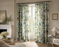 Jungle botanical floral curtain on a black rod by a window