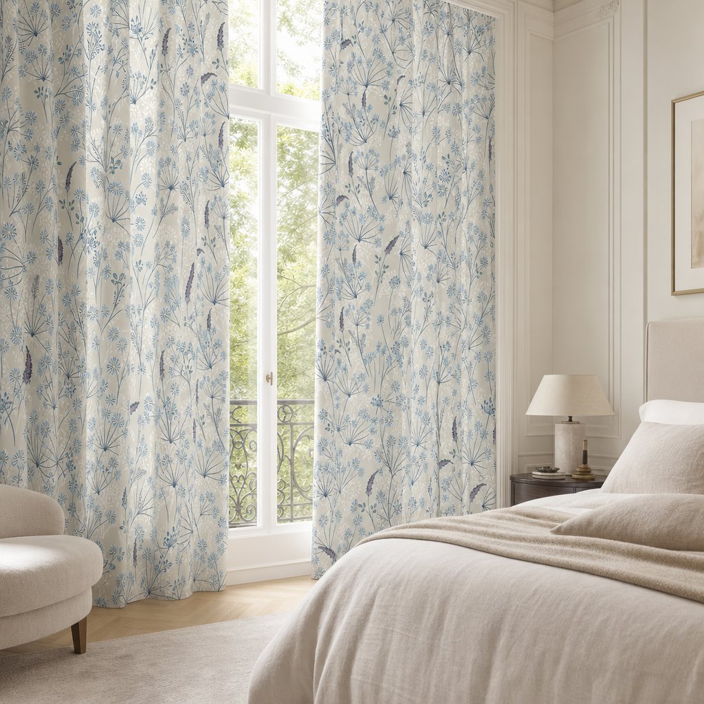 Light blue meadow flower curtains in a bedroom