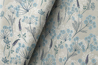 Light blue meadow flower curtains styled with neutral decor