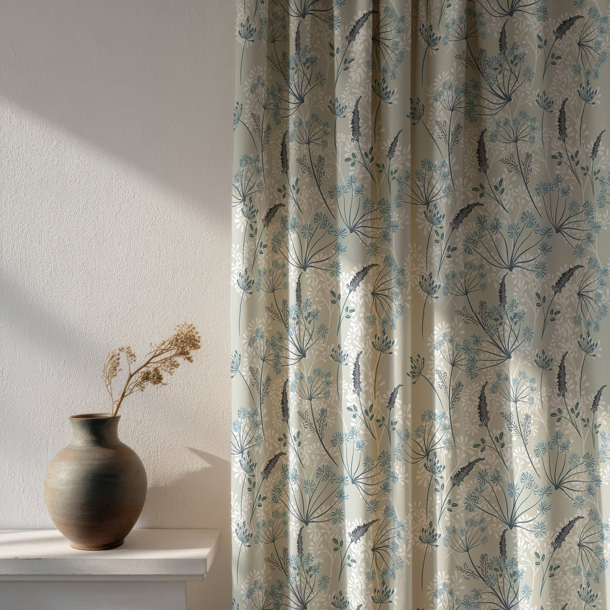 Soft daylight through a light blue meadow flower curtain