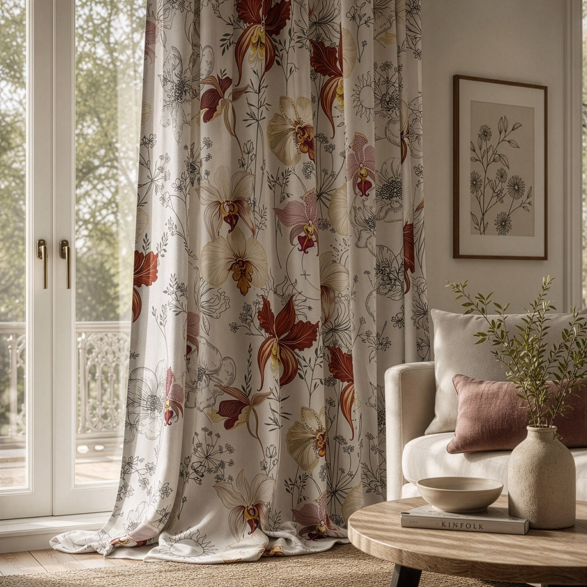 Light red orchid floral curtains in a living room