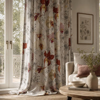 Light red orchid floral curtains in a living room