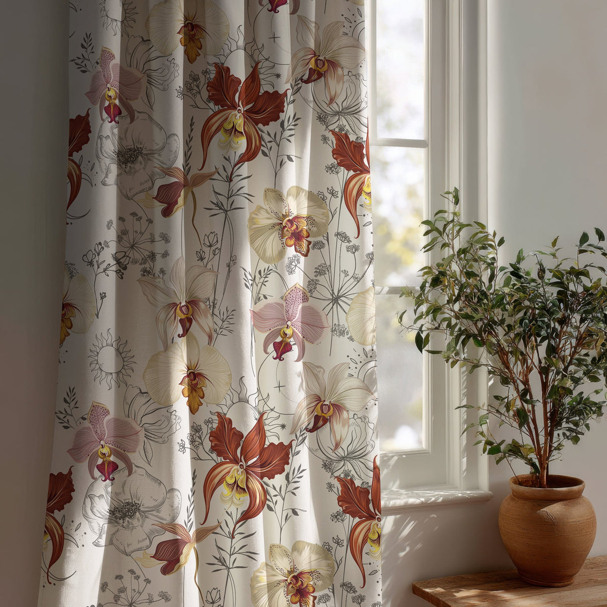 Light red orchid floral curtain beside a potted olive tree