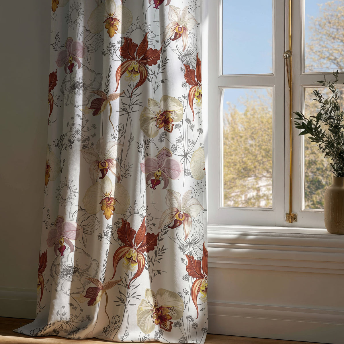 Full-length light red orchid floral curtain draping to a wooden floor