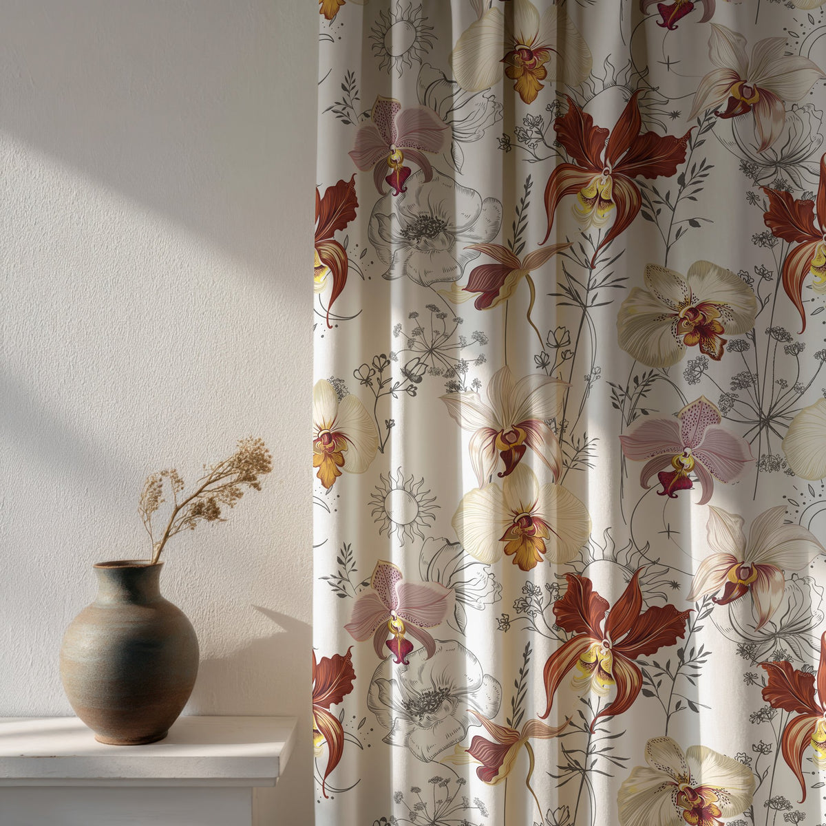Soft daylight through a light red orchid floral curtain