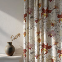 Soft daylight through a light red orchid floral curtain